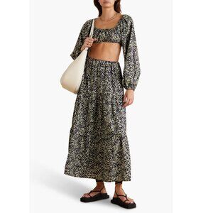 NWT Goop Matteau Cotton Poplin Decolette Cropped Blouse in Midnight Daisy 5 or L